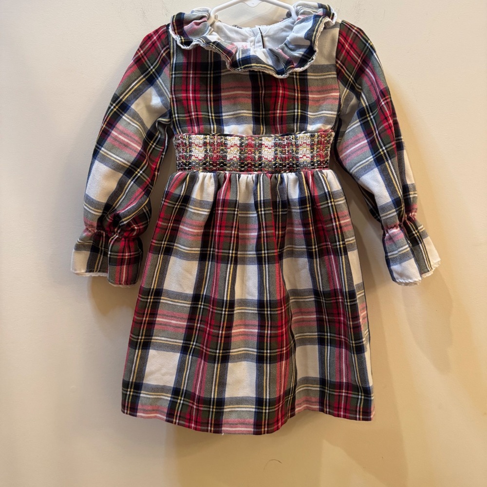 Bonnie Jean Girls 4T Red Plaid Holiday Christmas Dress Smocked Waist Ruffle
